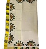 Kuthampully Kerala Saree |Traditional South Indian Sarees | Onam Tissue Cotton Kasavu Saree |Authentic South Cultural Sarees With Running Blouse | Mural Hand Printed Kasavu Saree | Ekm-798