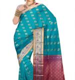 Teal Green Poly Crepe Woven Design Kanjeevaram Saree