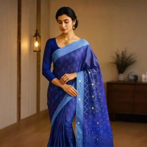 :  Blue fix Design check Party Sari  MAHARASHTRA Special