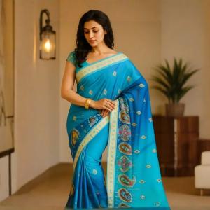 :  Blue fix Design check Party Sari  MAHARASHTRA Special