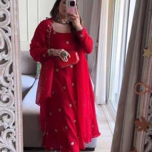 Foux Gorgette Beads with moti handwork Readymade Dress
