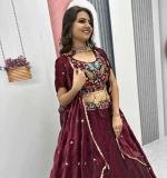 Marron Heavy Embroidery Thread & Sequence Work Lehenga