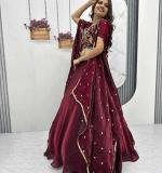 Marron Heavy Embroidery Thread & Sequence Work Lehenga