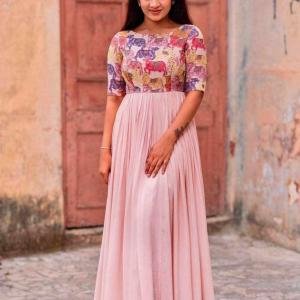 Pink Handwork & Kalamkari Print Gown
