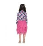 Girl's Polyster Crepe Lace Inserts Long Sleeves Dress (Pink-Blue)