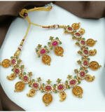 Women's Gold Plated Traditional Necklace and Earrings Set (Multi Color, Free Size)