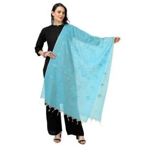 Women's Cotton Embroidered Dupatta (Aqua Blue, Length:  2.25 to 2.50 Mtr)