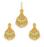 Women's Rose Gold Plated Alloy Kundan Earrings & Mangtikka (Green)