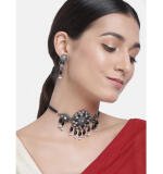 Women's Rose Gold Plated Alloy Necklace & Earings Set (Black)