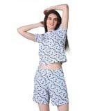 Women's Cotton Blended Printed Round Neck Half Sleeve Top - Shorts Set (White-Black)