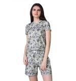 Women's Cotton Blended Printed Round Neck Half Sleeve Top - Shorts Set (Grey)