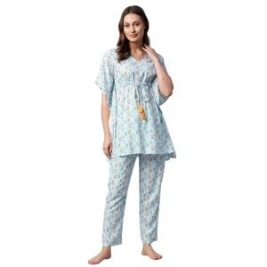 Women's Rayon Floral Kaftan Sleeve Night Suit (Green - Blue)