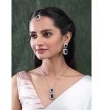 Women's Brass Silver Plated Pendant Set (Blue)