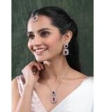Women's Brass Silver Plated Pendant Set (Red)
