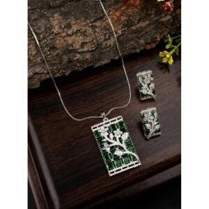 Women's Brass Silver Plated Pendant Set (Green)