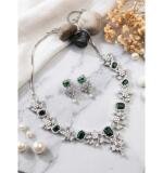 Women's Brass Silver Plated Necklace set (Green)