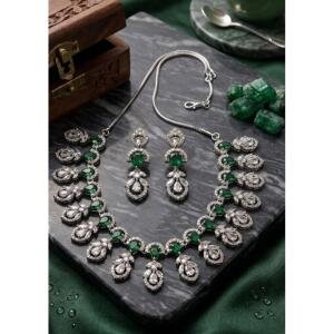 Women's Brass Silver Plated Necklace set (Green)