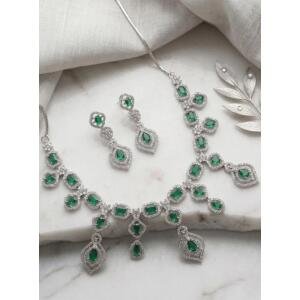 Women's Brass Silver Plated Necklace set (Green)