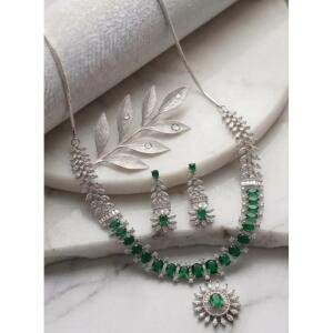Women's Brass Silver Plated Necklace set (Green)