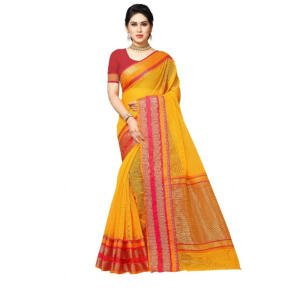 Women's Kota Doria Cotton Border Saree With Blouse (Gold, 5-6 Mtrs)