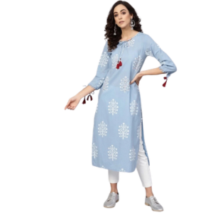 Women's Casual 3/4 th Sleeve Embroidery Cambric Cotton Kurti (Blue)